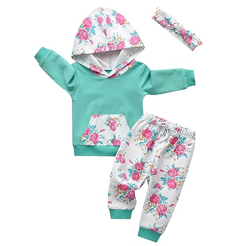 Image of Eghunooy Baby Girl Clothes Long Sleeve Floral Hoodie Sweatshirt Pants with Pocket Headband Outfit Sets