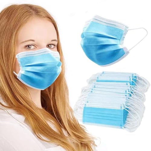 Image of 100Pcs Blue Disposable Face Mask, 3 Ply Masks with Soft Elastic Ear loops