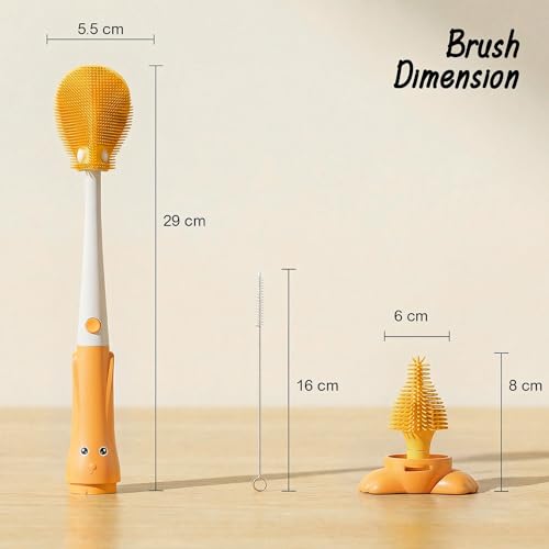 Image of TONY STARK Baby 3-in-1 Silicone Bottle Cleaning Brush Set | 360 Rotatable Handle, BPA-Free Soft Bristles for Cleaning Bottles, Nipples & Pacifiers Safely (Yellow)