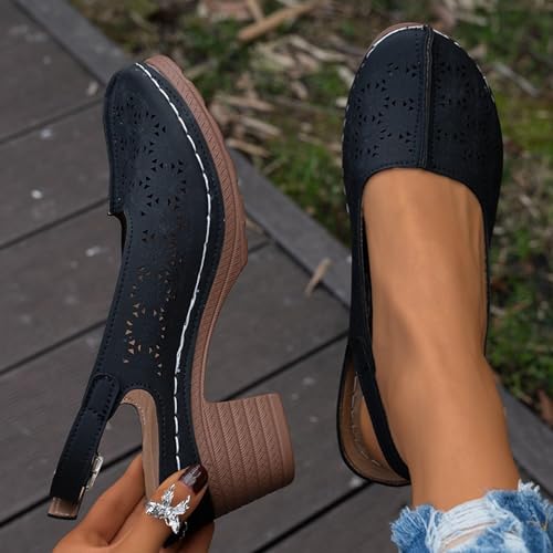 Womens Closed Round Toe Dress Shoes Vamp Sandals Chunky Heel Ankle Strap Retro Roman Sandals Hollow Out Breathable Lightweight Shoes Comfortable Beach Sandal4