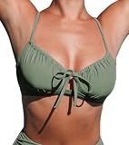 CUPSHE Women's Bikini Top Bathing Suit Scoop Neck Crisscross Back Self Tie Adjustable Straps, M Olive Green