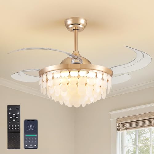 48'' Boho Fandelier Ceiling Fan with Light, Capiz Shell Retractable