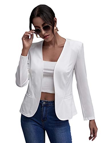 Romwe Women's Long Sleeve Casual Blazers Open Front Work Office Jackets Blazer White S