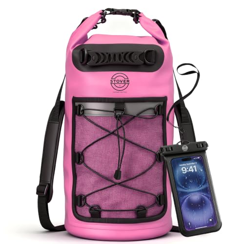 Image of STOVER 5 /10 /25 /30 /40L Waterproof Dry Backpack & Phone Case- Large Floating Dry Bag for Kayaking, Travel, Hiking, Fishing, Camping, Motorcycles & Beach, Heavy-Duty Roll Top Men /Women (Pink)