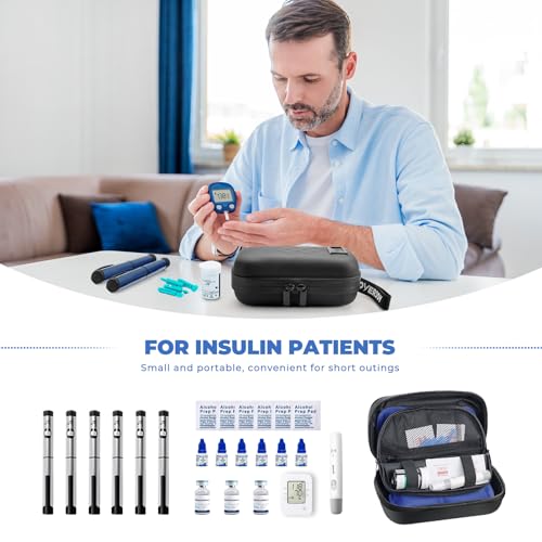 Image of Insulin TSA Approved Insulin Cooler Travel Case Diabetic Medication Bag with Temperature Display Small Refrigerated Medicine Diamond Pattern Organizer Bag for Travel & 2 Ice Pack-Black