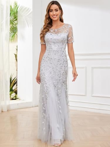 Sequin Mother of The Bride Dresses for Women Long Tulle Mermaid Formal Evening Gown with Sleeves4