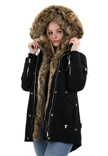 Navahoo warme Damen Winter Jacke Parka lang Mantel Winterjacke Fell Kragen...