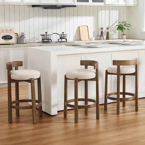 Lessmore mid-Century Beige Linen bar stools Set of 3 - Low Back Counter Height stools with Wood Frame, upholstered Kitchen bar stools for Counter, Stylish & Comfortable