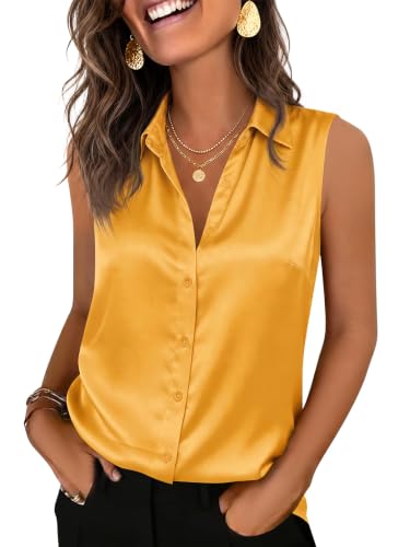Image of Cicy Bell Womens Satin Sleeveless Button Down Shirts Work Blouse Silky Tops | V Neck, Collared Tank Tops, Professional, Office Clothes, Business Casual Outfits, Under Blazer Tops, Dress Down with Jeans