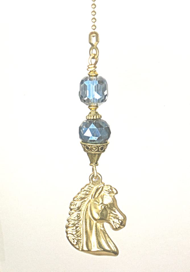 Image of Western Plains Brass Horse with Blue Lampwork Glass Light or Ceiling Fan Pull