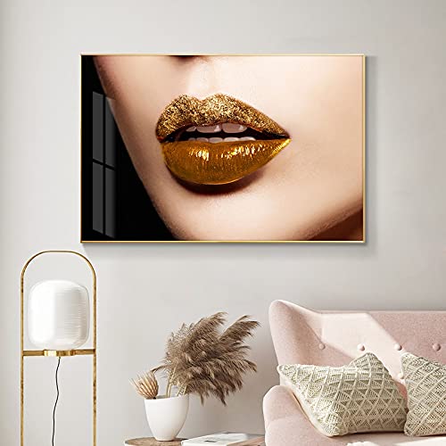 CXArtprint Impresión de Arte de Pared Maquillaje de Labios Dorado Mujer Sexy Pintura al óleo sobre Lienzo Impresión de Arte de Pared escandinavo Imagen de póster para Sala de Estar 70x90 cm sin Marco Cover