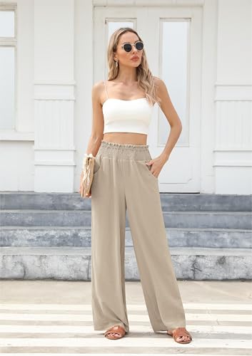 Wide Leg Flowy Lounge Pants for Women Smocked Elastic Waisted Loose Palazzo Casual Dressy Business Work Trousers with Pockets for Office (Almond,Medium)3
