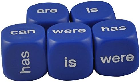 Azty Solutions Set of 5 Educational Being and Helping Verb 16mm Blue Dice in Snow Organza Bag