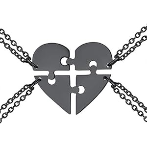 FindChic Personalized Matching BFF Necklace for 2/3/4/5/6 Puzzle Name Heart Pendant Stainless Steel Couple Necklace Set Customized Necklaces for Teen Girls c. set of 4 & black