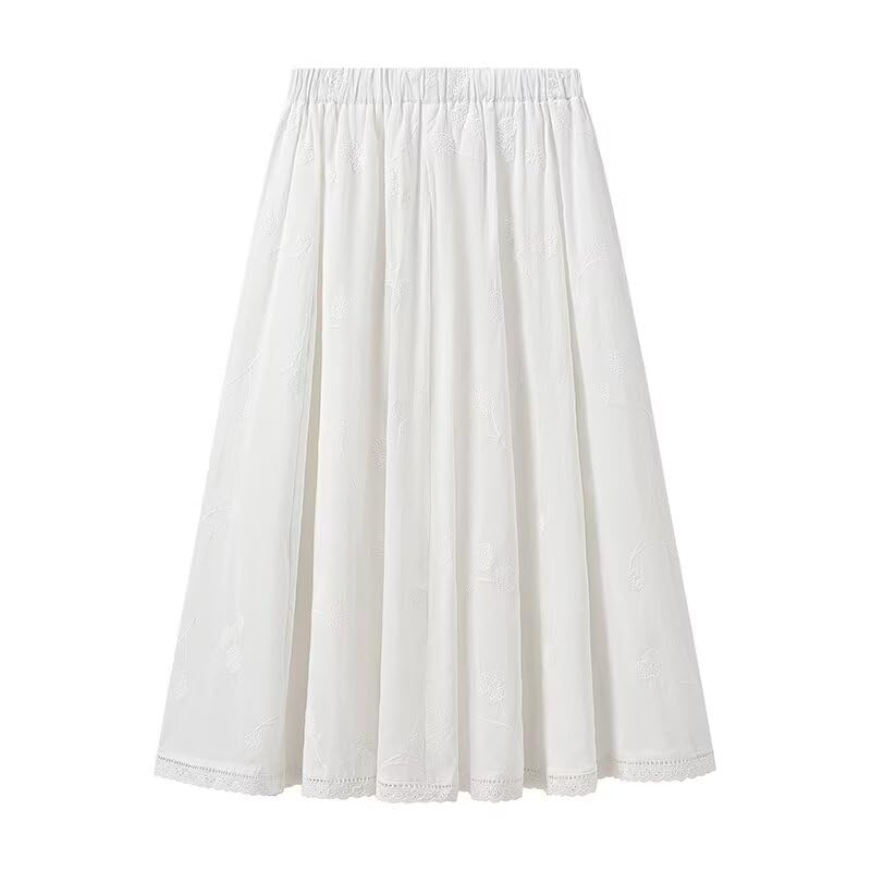 Nordic Minimalist White Embroidered Pure Cotton Skirt Commuter Casual Elegant Midi Skirt Women