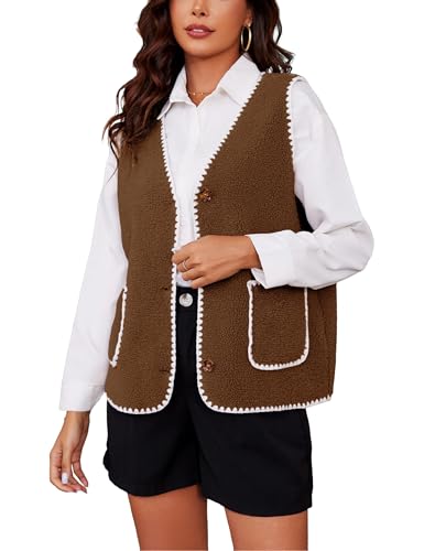 Women Fleece Lightweight Vest V Neck Open Front Button Down Sleeveless Casual Warm Sherpa Outwear with Pockets2