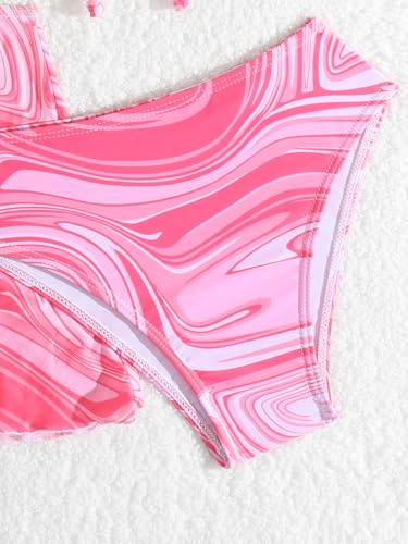 Image of Girl's 3 Piece Bikini Set Marble Print Bathing Suit One Shoulder Swimwear with Skirts Cover Ups Pink 150