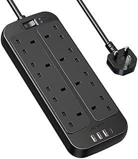JSVER Extension Lead 8 Way 13A Fused Extension Socket with USB Ports Surge Protection Power Strips with 4 USB(1 USB-C and 3 USB-A Port) for Home Travel, 2M Cable, Black