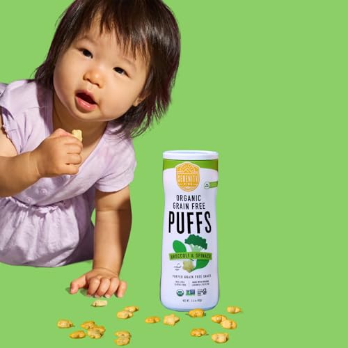 Image of Serenity Kids 6+ Months USDA Organic Grain Free Baby & Toddler Puffs - Broccoli & Spinach - 1.5 Oz Pack of 6 - Veggie-Rich Broccoli Bites for Kids - Protein-Packed Toddler Snacks - Gluten-Free Treats