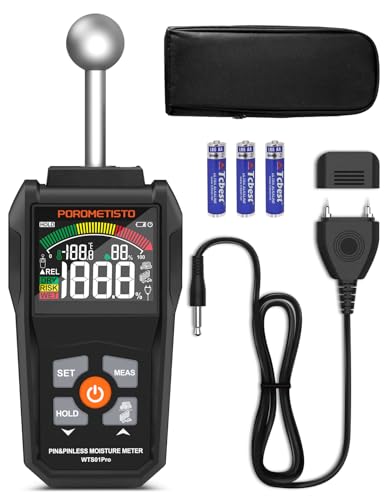 Moisture Meter, POROMETISTO Pin & Pinless Moisture Meter – Dual Mode Wood Moisture Detector for Walls, Drywall, Firewood & Concrete, Digital Moisture Meter with Color Screen & Alarm