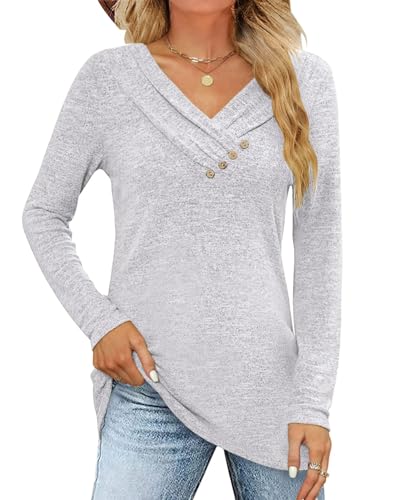 Fisoew T-Shirt à Manches Longues pour Femme - Col en V - Bouton - Sweatshirt Ample - Hauts d'automne - Tunique, Gris Clair, L
