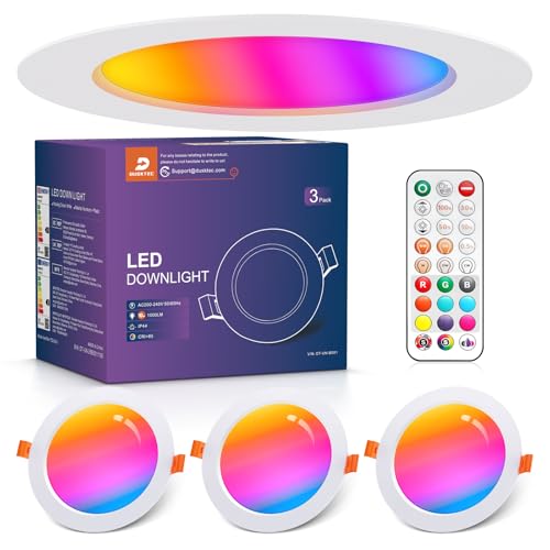 DUSKTEC - Foco LED empotrable RGB con mando a distancia, lote de 3, 10 W, 1000 lúmenes, 220 V, focos LED de techo, color blanco, iluminación empotrada IP44 para cuarto de baño, cocina, pasillo