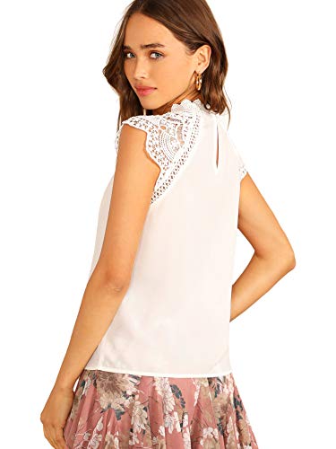 Shein Women's Elegant Sleeveless Contrast Lace Chiffon Blouses Tops Pure White Large #TOP1