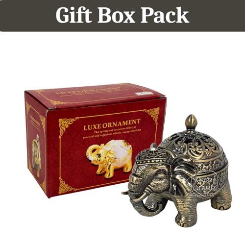 Image of Trunk Down Elephant Incense Cone & Loban Burner, Antique Bronze, Handmade Luxury, Decorative Figurine, Gift Box Pack, Traditional Dhoop Batti Dhuni, Holder