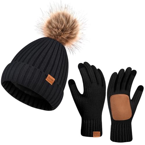 Gants tactiles en daim synthétique et bonnet polaire pour femme