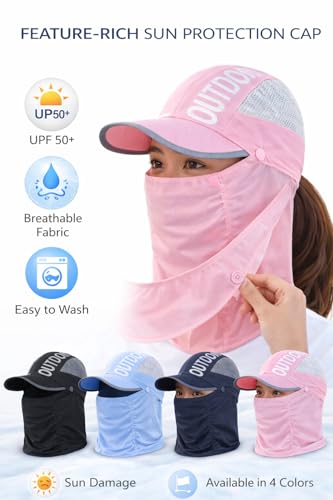 Image of Unisex Sun Protection Cap with Face Mask Cover UPF 50+ | UV Protection Hat with Neck Flap for Women, Men & Kids | Breathable Summer Cap for Driving Cycling Travel | Adjustable | Random Color