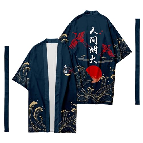 Mens Loose 3/4 Wide Sleeve Kimono Longline Yukata Robe Gown Tops Shirt Haori Coat Japanese Style