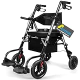 Foldable Rollator Walker for Seniors with Seat, Lightweight 2 in 1 Rolling Walkers Wheelchair Combo for Adult, Transport Chair with Brakes, Adjustable Seat and Handle, 300 Lb. Weight Capacity, Grey