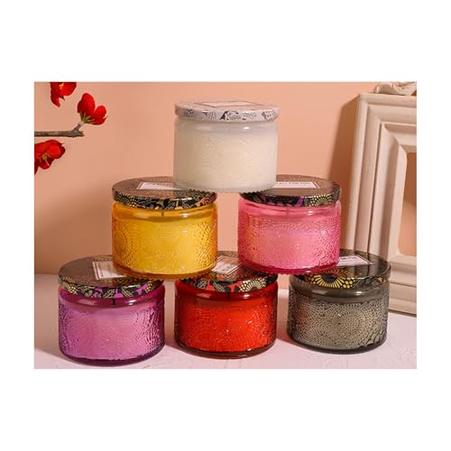 Yuelulala Set of 6 Colorful Glass Tea Light Candle Holders Vintage Votive Jars with Lid, Ideal New Home Party Weddings Decorations for Table Home Centrepiece Birthday Party,Gifts(A66-6)(Random color)