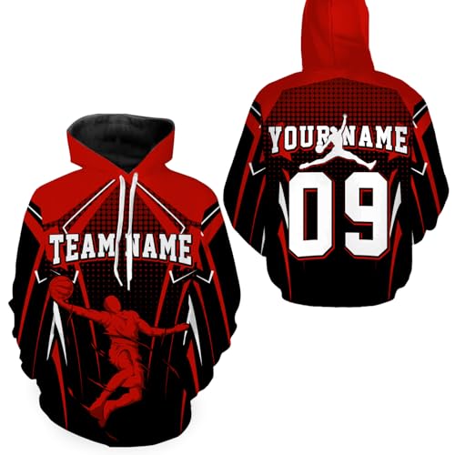 PIONAMZIOZ Custom Unisex Basketball Hooded Sweatshirt with Player Name 3D Basketball Silhouette Pullover Hoodie (US, Alpha, Small, 5X-Large, Regular, Regular, Red)