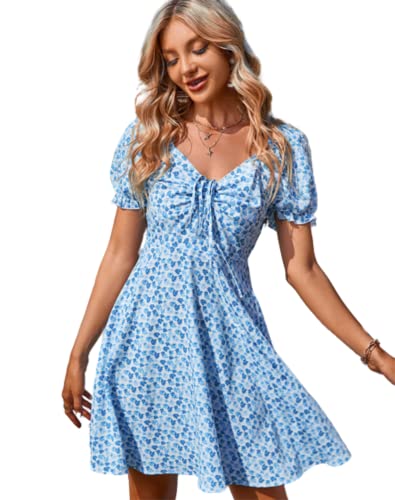 Oubaiyi Vestido Casual para Mujer Verano Cuello en V Volantes Manga Corta Mini Vestido elegante vestido playa B,L Cover