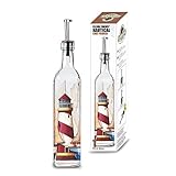Ellora Farms | Atlas Chef Pourer | Oil & Vinegar large glass dispenser | Lighthouse Painted | Suitable for Olive Oil, Vinegar, Balsamic Salad dressing, Wine | Large 17 Oz. Glass Bottle in Box