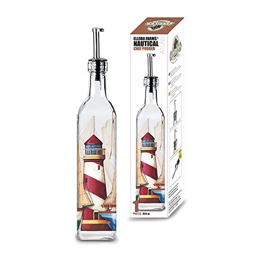 Ellora Farms, Atlas Chef Pourer, Cruet Glass Bottle, Suitable for Oils, Vinegar, Dressing, 17 Oz. capacity, Stainless Steel Pourer, Gift Bottle in Box