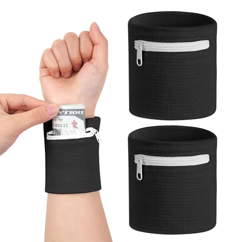HAGOT 2 Pcs Muñequeras Deportivas con Bolsillo, Muñequera Cartera con Cremallera, Accesorios de Entrenamiento para Monedas, Llaves, Billetera - Negro