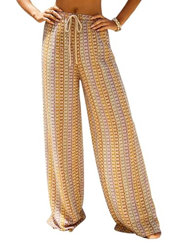 Image of ZAFUL Womens Beach Cover Up Pants Sexy Crochet Drawstring Elastic Boho Swimsuit Cover Up Long Pants Beach Wear