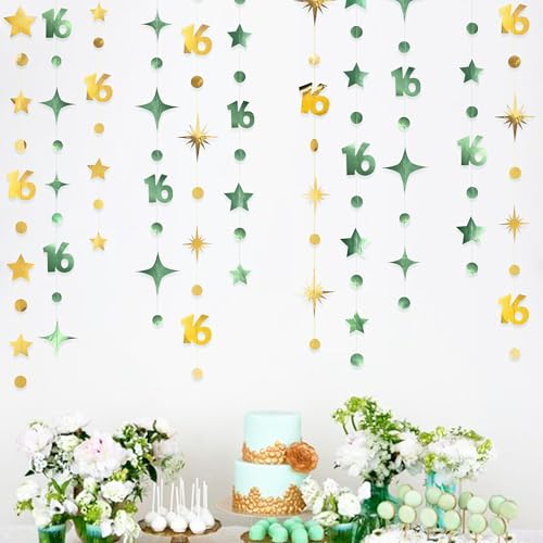 Image of Sage Green Gold Number 16 Circle Dot Twinkle Star Garland Streamer Bunting Banner Backdrop Decorations for Girls Happy 16th Birthday Sweet Sixteen 16th Anniversary Cheers to 16 Years Party Decor