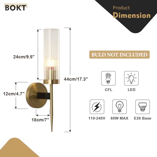 Image of BOKT Mid-Century Modern Gold Wall Light Cylinder Glass Wall Sconce Anti Brushed Brass Long Wall Sconce Light Vintage Bathroom Globe Wall Mount Light Bar Wall Lamp
