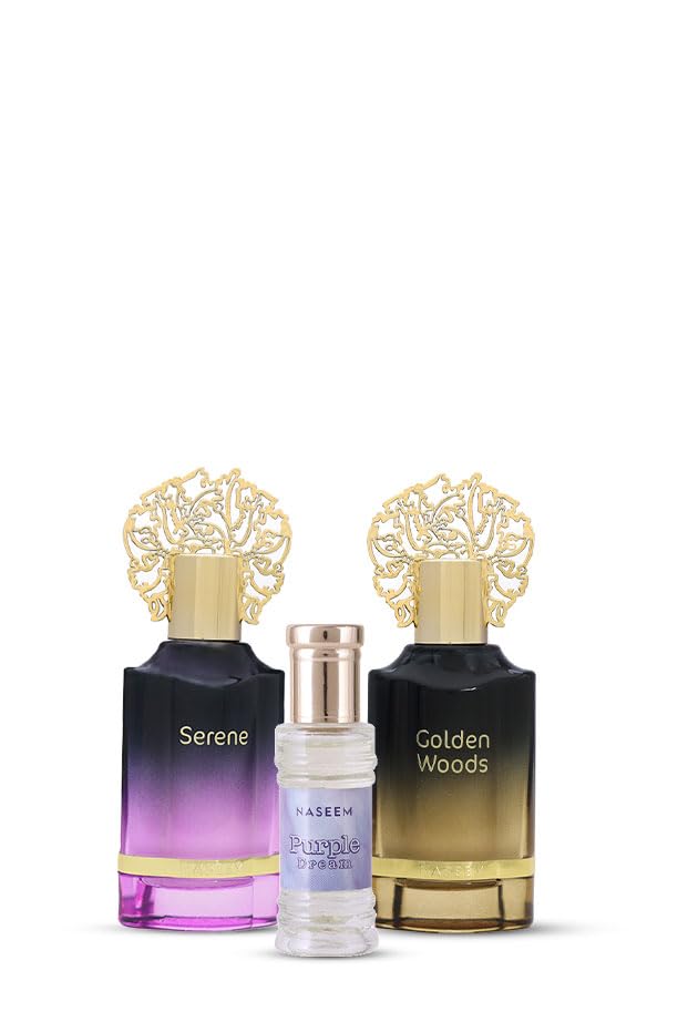 NASEEM Special Combo Perfume Set for Men & Women | Golden Woods EDP 55ml, Serene EDP 55ml & Purple Dream Roll-On 6ml | Long Lasting Fragrance | Pack of 3-image-38