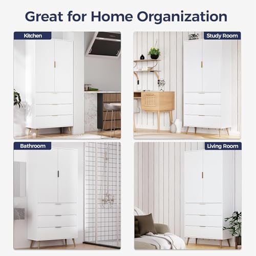 Image of Fluted Tall Cabinet, Kitchen Pantry Cabinet with Adjustable Shelves, Wood Cupboard with 3 Drawers 2 Doors, Mid Century Modern Cabinet for Living Room Dining Room Entryway Office, White