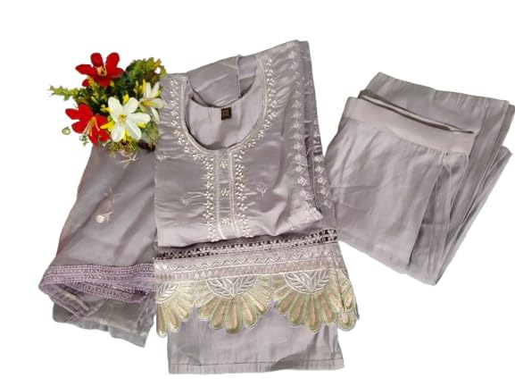 Women's Embroidered Cotton Salwar Suit Set, Grey with White Embellishments, Traditional Floral Design-picture-22