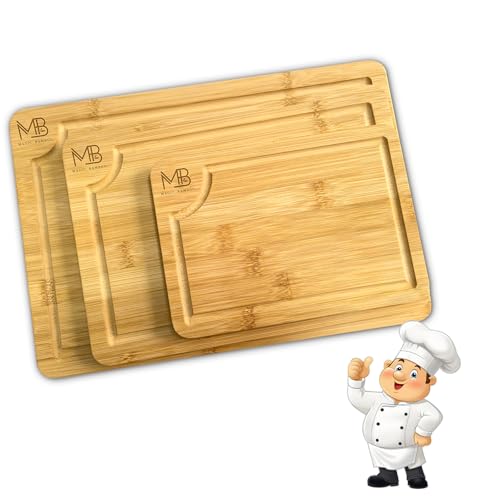 Set de 3 tablas de cortar Premium de bambú para cocina – bloques de corte rectangulares duraderos con ranuras profundas para jugos y asas integradas, perfectos para carne, verduras y charcutería