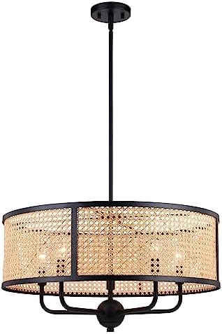 VAXCEL Berens 5 Light Matte Black Modern Farmhouse Drum Pendant Fixture with Rattan Cane Shade