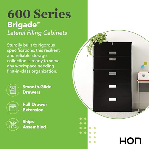 Image of HON 5 Drawer Lateral File Cabinet with Lock, Metal Filing Cabinets for Offices, Adjustable Hangrails for A4, Legal, Letter Files, 18 inch Deep, Putty