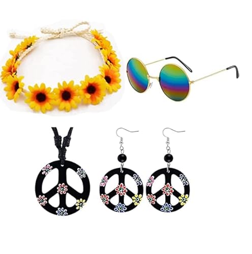 Disfraz Hippie Accesorios 60s 70s Traje Hippie Fittings Gafas de sol y Collar de Logo de Paz Cabeza de Girasol Adecuado para el Tema de Música Disco Retro Fiesta Hippie Disfraces Halloween Cover