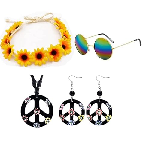 Disfraz Hippie Accesorios 60s 70s Traje Hippie Fittings Gafas de sol y Collar de Logo de Paz Cabeza de Girasol Adecuado para el Tema de M¨²sica Disco Retro Fiesta Hippie Disfraces Halloween