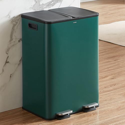 Image of CASABEL Tri Selectif Bin 60L - 2 x 30 L Bin with Pedal, Stainless Steel, Dark Green Anti-Fingerprint, Double Compartments, Kitchen Bin, with Removable Bins, Handles, Silent Lids, 2 x 30 L